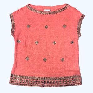 J. Jill Love Linen Coral Top Blouse Gold Sequin Size S Petite